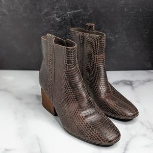 Korks chocolate brown snake skin embossed leather heeled booties